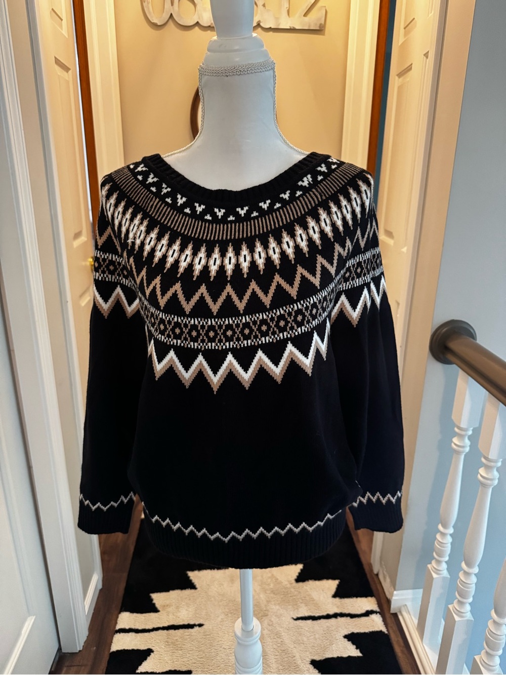 NWOT Workshop Republic Clothing Black and Cream Fair Isle Crew Neck Sweater